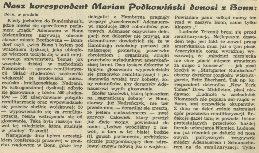 Nasz korespondent Marian Podkowiński donosi z Bonn