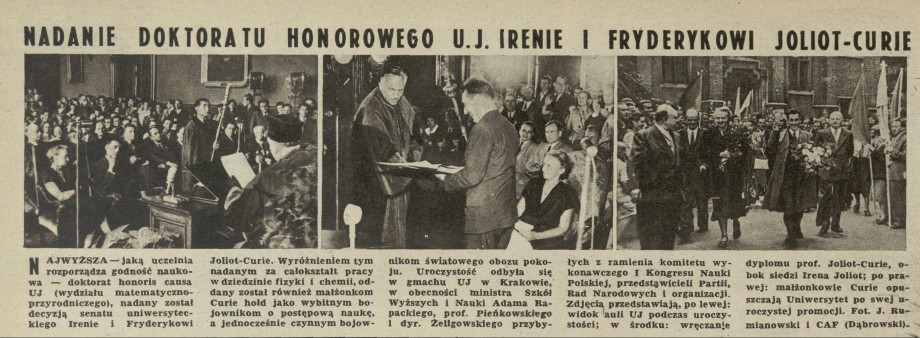 Nadanie doktoratu honorowego U. J. Irenie i Fryderykowi Joliot-Curie