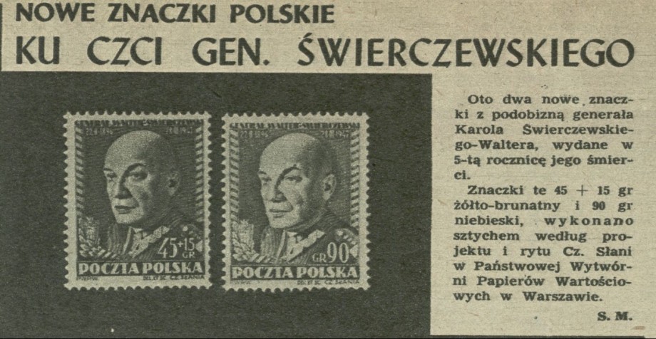 Nowe znaczki polskie ku czci gen. Świerczewskiego