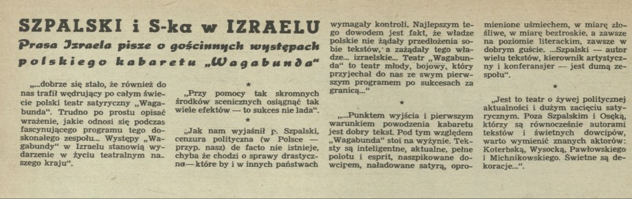 Szpalska i S-ka w Izrealu. Prasa Izraela pisze o gościnnych występach polskiego kabaretu "Wagabunda"