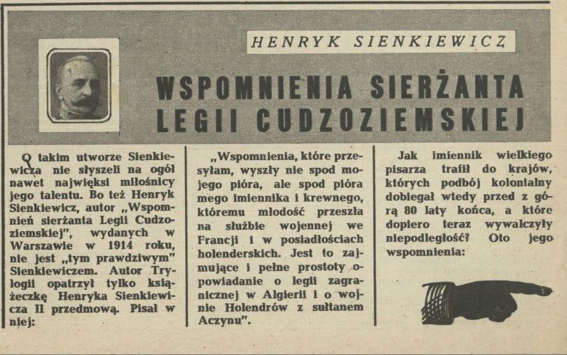 Henryk Sienkiewicz "Wspomnienia sierżanta Legii Cudzoziemskiej"