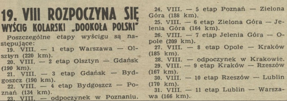 19 VIII rozpoczyna się wyścig kolarski "Dookoła Polski"