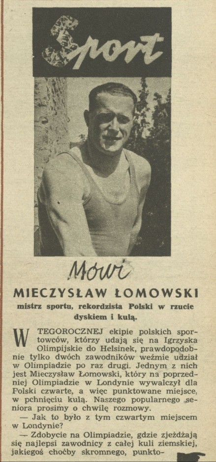 Mówi Mieczysław Łomowski - mistrz sportu, rekordzista Polski w rzucie dyskiem i kulą