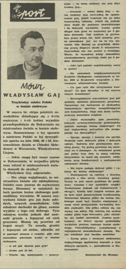 Mówi Władysław Gaj - Trzykrotny mistrz Polski w tenisie stołowym