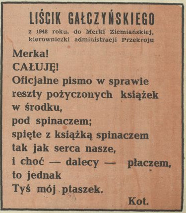 Liścik Gałczyńskiego z 1948 roku do kierowniczki administracji "Przekroju"