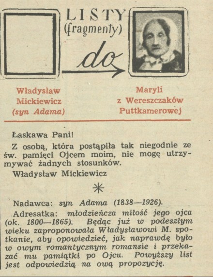 Listy Władysława Mickiewicza do Maryli z Wereszczaków Puttkamerowej
