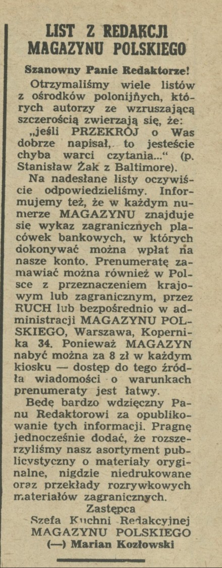 List z redakcji Magazynu polskiego