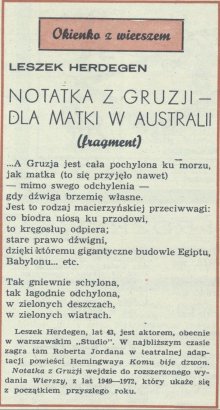 Okienko z wierszem. Notatka z Gruzji - dla matki w Australii (fragment)