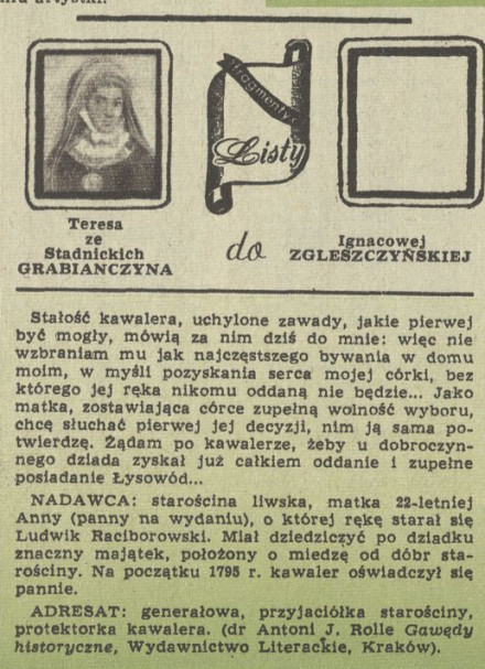 Listy: Teresa ze Satdnickich Grabianczyna do Ignacowej Zglesczyńskiej