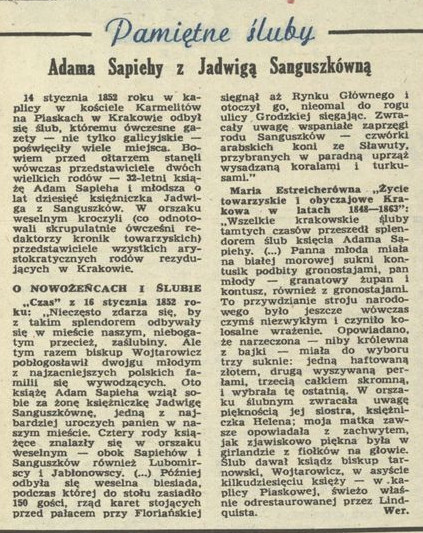 Pamiętne śluby: Adama Sapiechy z Jadwigą Sanguszkówną