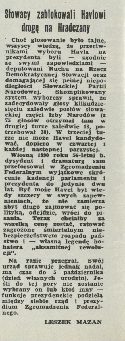 Słowacy zablokowali Havlowi drogę na Hradczany