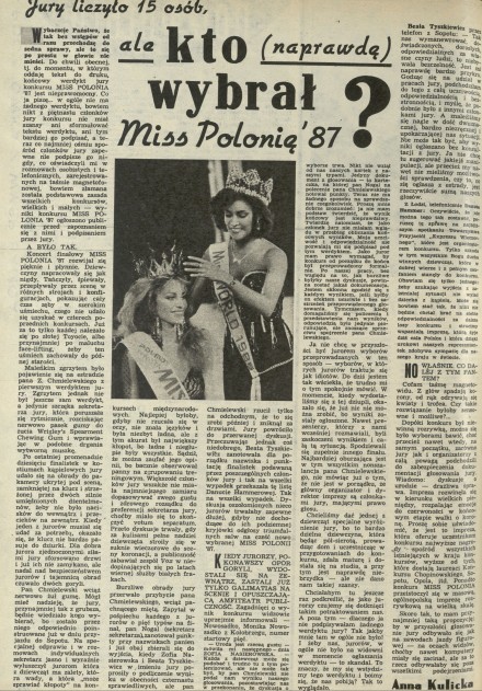 Jury liczyło 15 osób, ale kto (naprawdę) wybrał Miss Polonię ' 87?