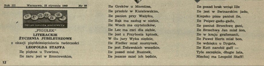 "Pigułek" literackie życzenia jubileuszowe z okazji pięćdziesięciolecie Leopolda Staffa