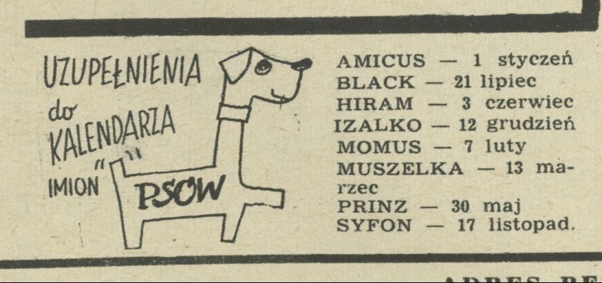 Uzupełnienie kalendarza imion psów