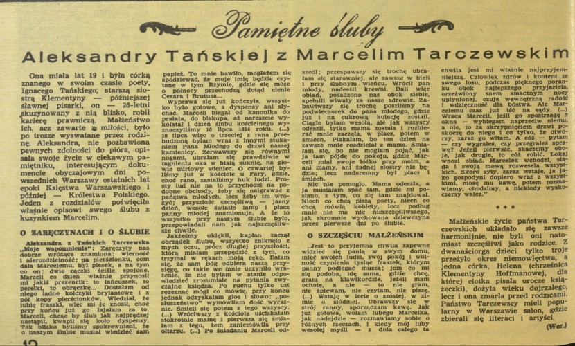 Pamiętne śluby Aleksandry Tańskiej z Marcelim Tarczewskim
