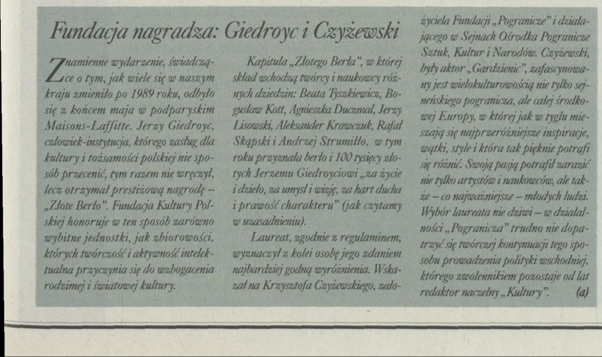 Fundacja nagradza:Giedroyc i Czyżewski