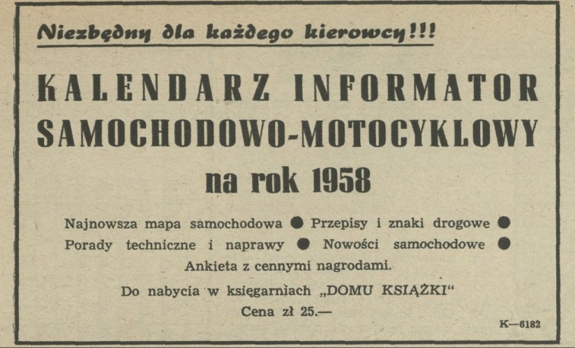 Kalendarz informator samochodowo-motocyklowy na rok 1958