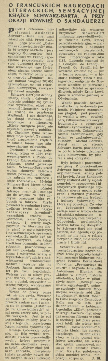 O francuskich nagrodach literackich, sensacyjnej książce Schwarz-Barta, a przy okazji również o Sandauerze