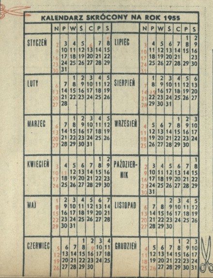 Kalendarz skrócony na rok 1955