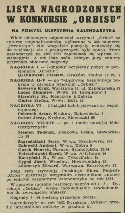 Lista nagrodzonych w konkursie "Orbisu" na pomysł ulepszania kalendarzyka