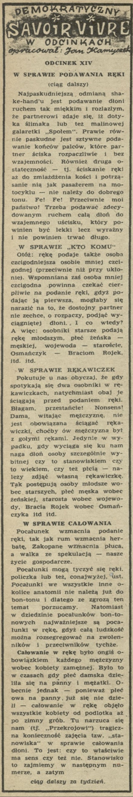 Demokratyczny Savoir Vivre w odcinkach - odcinek XIV - w sprawie podawania ręki