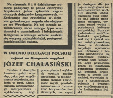 W imieniu delegacji polskiej referat na Kongresie wygłosi Józef Chałasiński