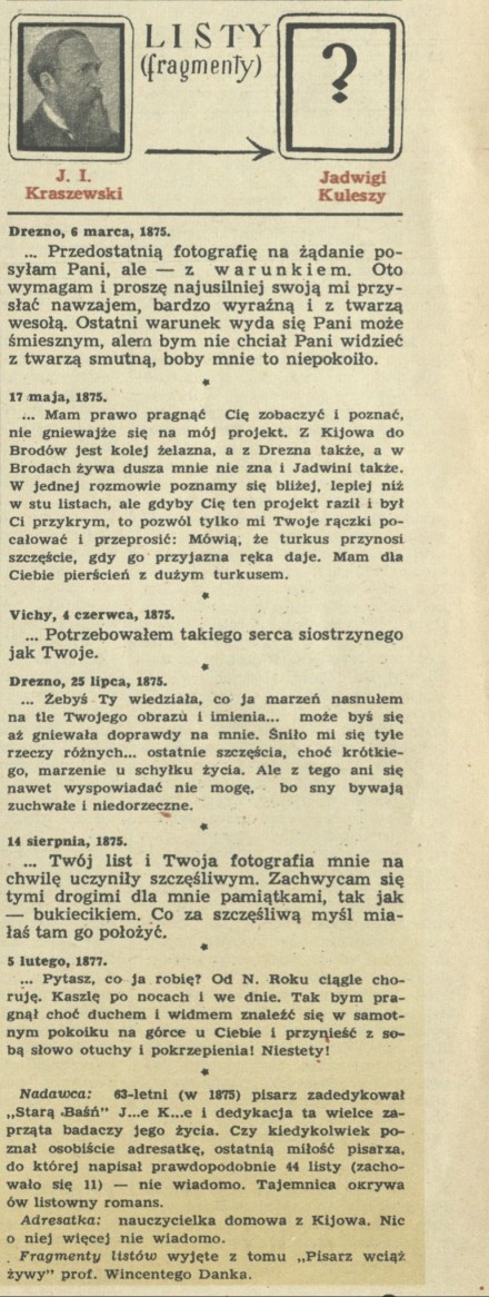 Listy (fragmenty) J. I. Kraszewskiego do Jadwigi Kuleszy