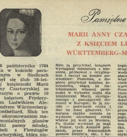 Pamiętne śluby Marii Anny Czartoryskiej z Księciem Ludwikiem Würtemberg-Montbeliard