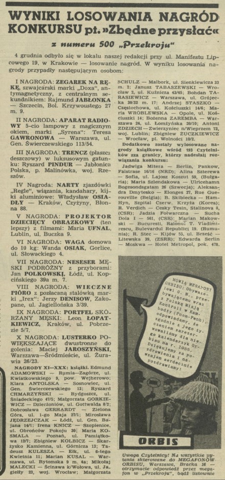 Wyniki losowania nagród konkursu pt. "Zbędne przysłać" z numeru 500 "Przekroju"