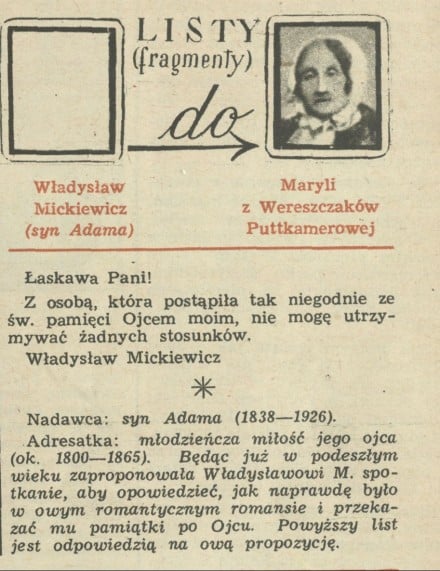 Listy Władysława Mickiewicza do Maryli z Wereszczaków Puttkamerowej