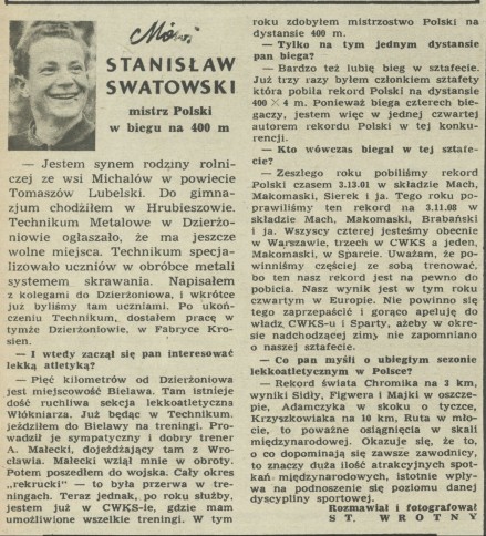 Mówi Stanisław Swatowski - mistrz Polski w biegu na 400 m