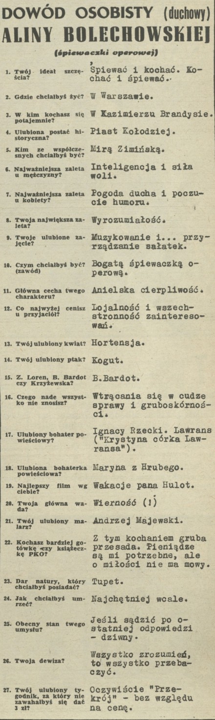 Dowód osobisty (duchowy) Aliny Bolechowskiej (śpiewaczki operowej)