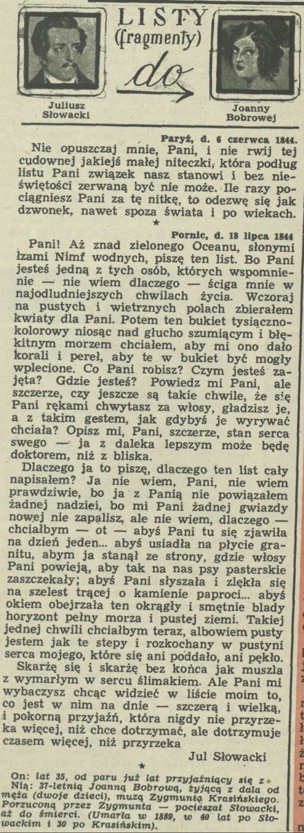 Listy Juliusza Słowackiego do Joanny Bobrowej (fragmenty)