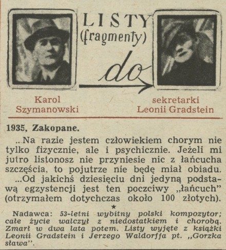 Listy Karola Szymanowskiego do sekretarki Leonii Gradstein (fragmenty)