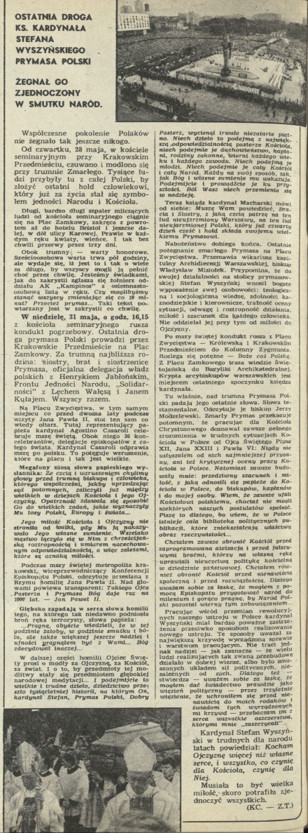 Ostatni droga Ks. Kardynała Stefana Wyszyńskiego Prymasa Polski