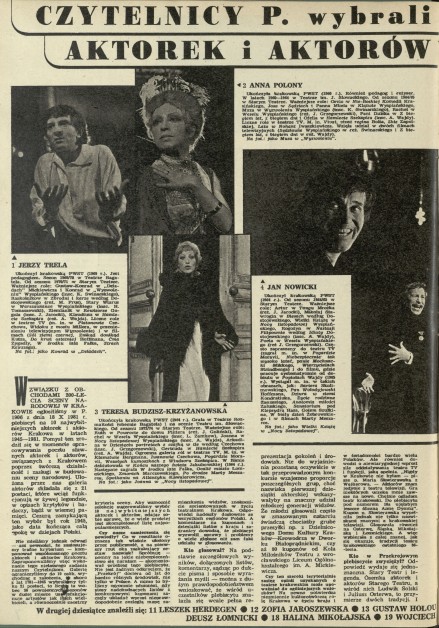 Czytelnicy "Przekroju" wybrali 10 najwybitniejszych aktorów i aktorek Krakowa 1945-1981