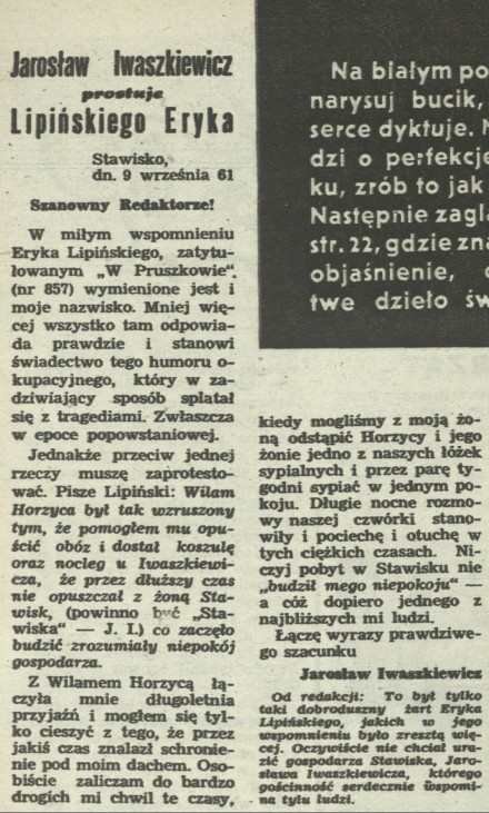 Jarosław Iwaszkiewicz prostuje Lipińskiego Eryka