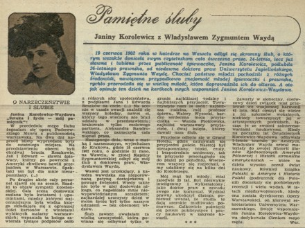 Pamiętne śluby Janiny Korolewicz z Władysławem Zygmuntem Waydą