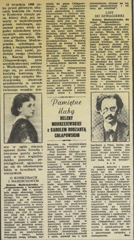 Pamiętne śluby Heleny Modrzejewskiej z Karolem Bodzantą Chłapowskim