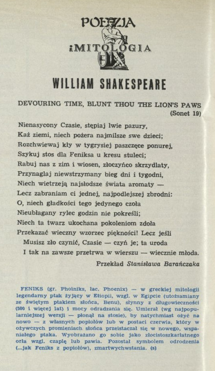 Poezja i mitologia: William Shakespeare „Devouring time, blunt thou the lion's paws” (sonet 19)