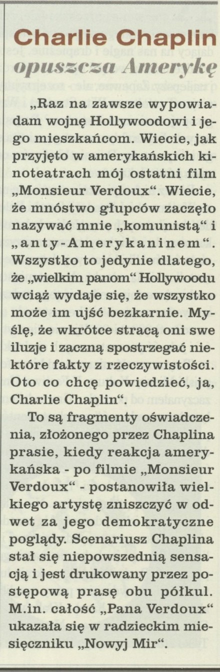 Charlie Chaplin opuszcza Amerykę