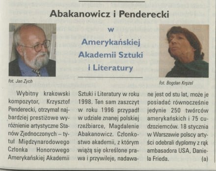 Abakanowicz i Penderecki w Amerykańskiej Akademii Sztuki i Literatury