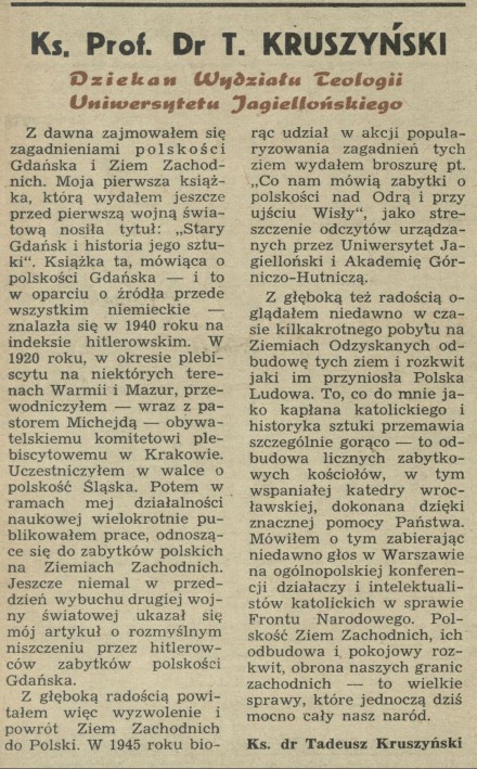 Ks. Prof. Dr T. Kruszyński - Dziekan Wydziału Teologii Uniwersytetu Jagiellońskiego