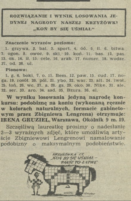 Rozwiązanie i wynik losowania jedynej nagrody naszej krzyżówki "Koń by się uśmiał"