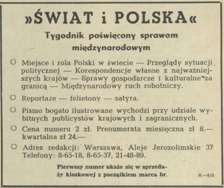 "Świat i Polska" Tygodnik poświęcony sprawom międzynarodowym