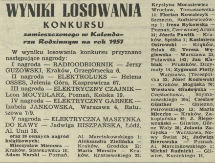 Wyniki losowania konkursu zamieszczonego w Kalendarzu Rodzinnym na rok 1957