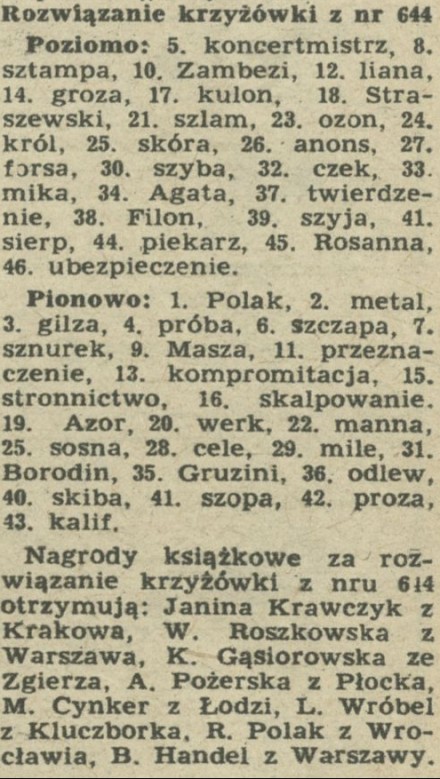 Rozwiązanie krzyżówki z nru 644