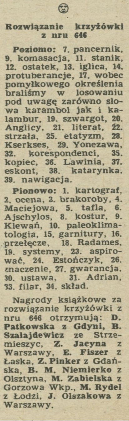 Rozwiązanie krzyżówki z nru 646