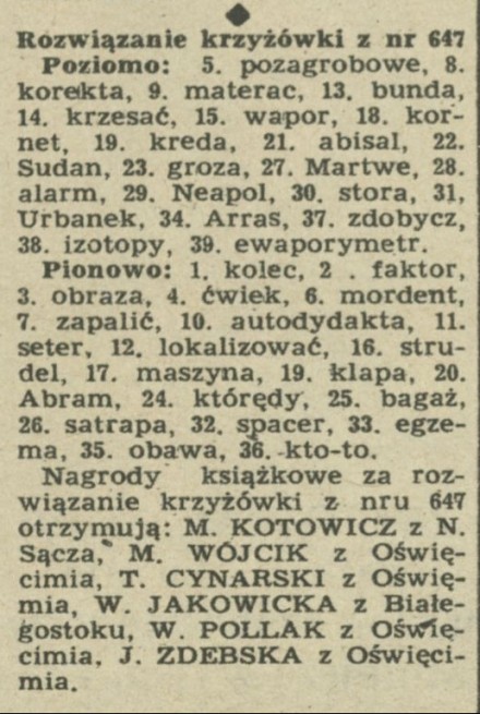 Rozwiązanie krzyżówki z nru 647