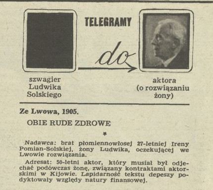 Telegramy szwagier Ludwika Solskiego do aktora (o rozwiązaniu żony)